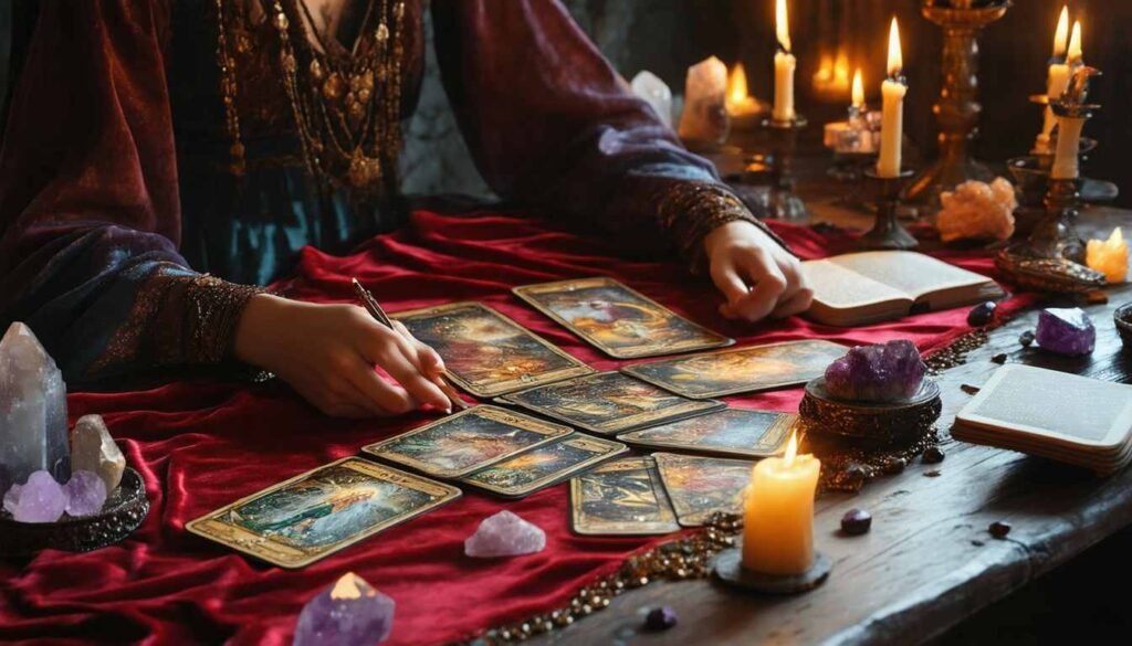 Tarot spreads for clarity shown on a candlelit table with crystals and incense, creating a mystical reading atmosphere.