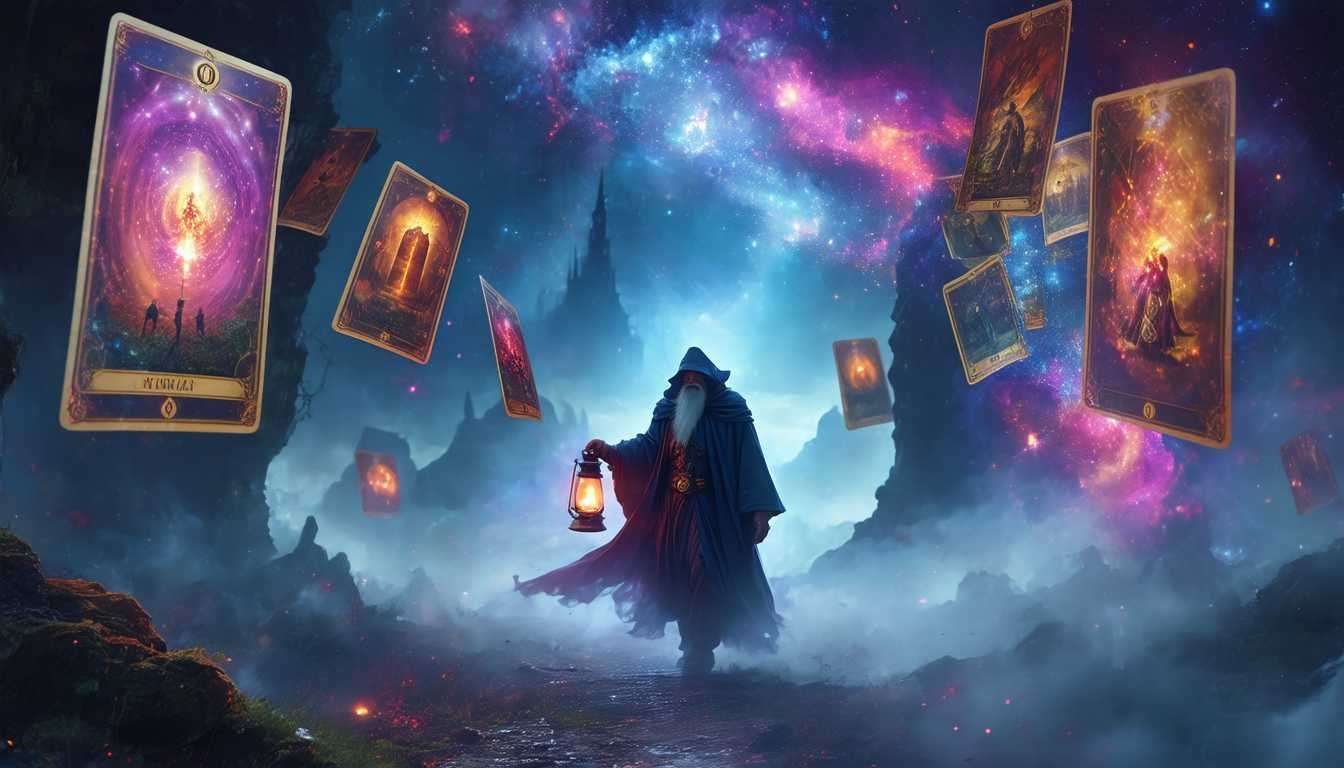 Tarot spreads for clarity combined with Jungian archetypes like the Hero, Shadow, and Wise Old Man in a mystical dreamscape.