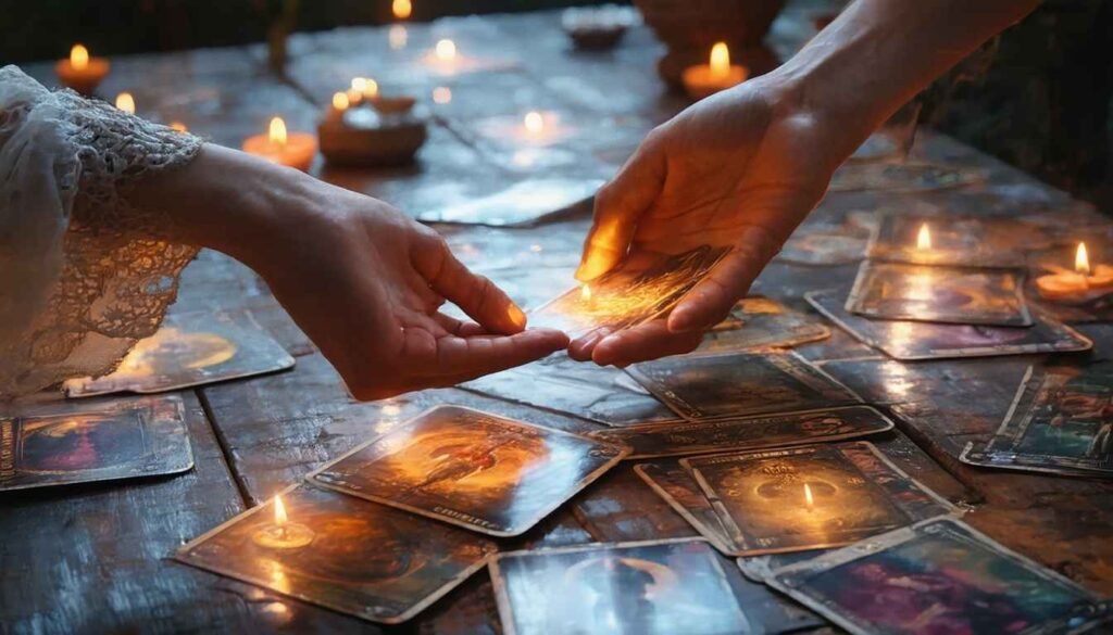 Tarot relationship spread for clarity, showing hands reaching across a table to symbolize connection and understanding